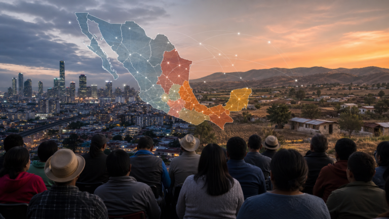 Ilustración editorial sobre la relación entre aprobación presidencial y voto legislativo rumbo a 2027